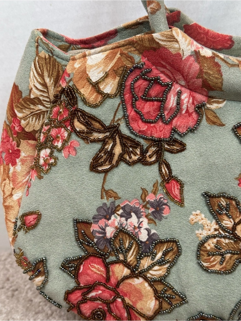 Floral Embroidered Circle Handle Shoulder Bag - Sage Green and Coral Accents - Picture 3 of 8